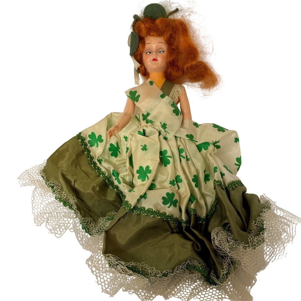 Vintage St Patricks Day Irish Doll Red Hair Shamrock Dress Green Lace 8 Inch *